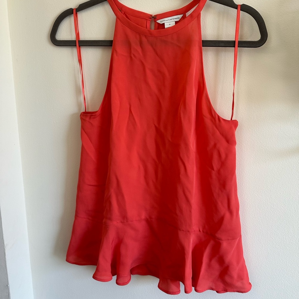 Diane Von Furstenberg  Lizzy 100% Silk Halter Peplum Top in Coral